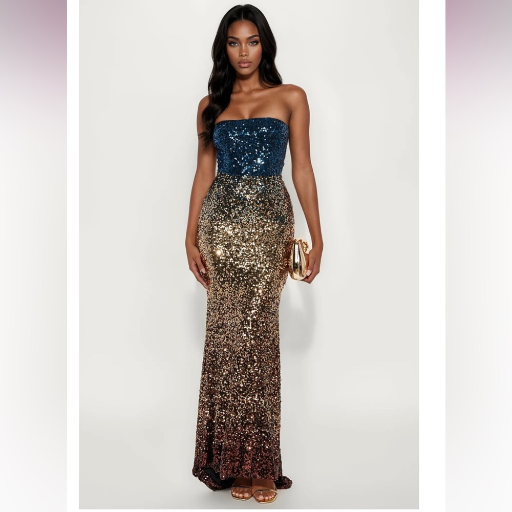 Strapless Blue and Gold Sequin Gown💎✨
